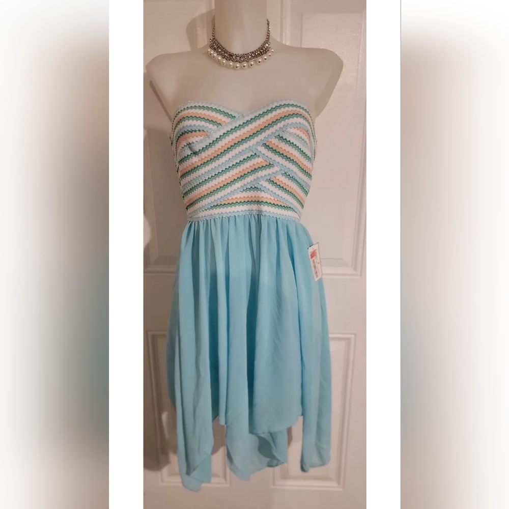NWT Y2K Sz 11/12 Blue white Strapless Stripped Hanky Hem Coquette Dress